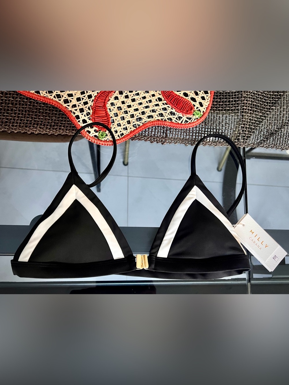 New Milly Cabana Black and White Triangle Bikini Top with Gold front Clasp Sz P